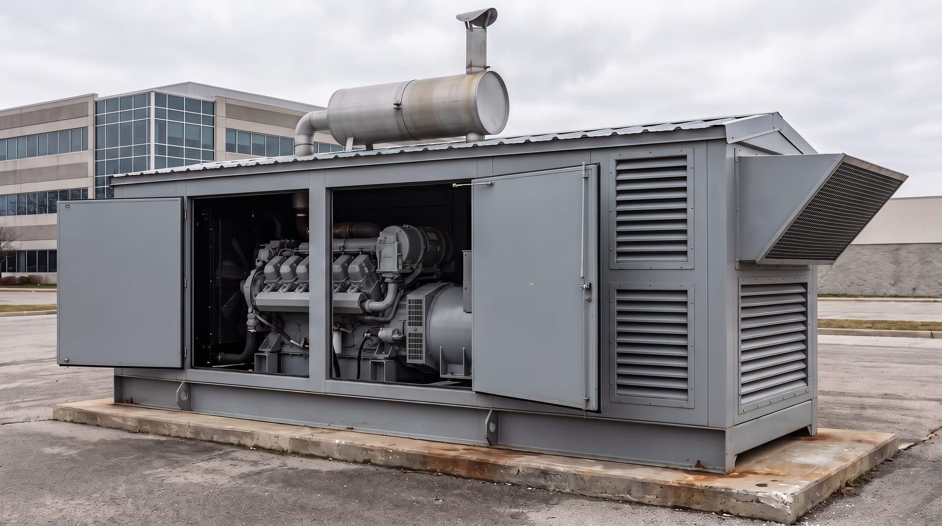 Illustrative image: diesel standby generator set in a sound-attenuated enclosure, access doors open to show the engine and alternator, with an exhaust silencer and rain cap on the roof