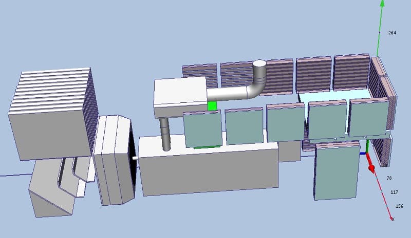Skeletal 3-D computer model of an equipment assembly with ducting and panels, prepared for simulation